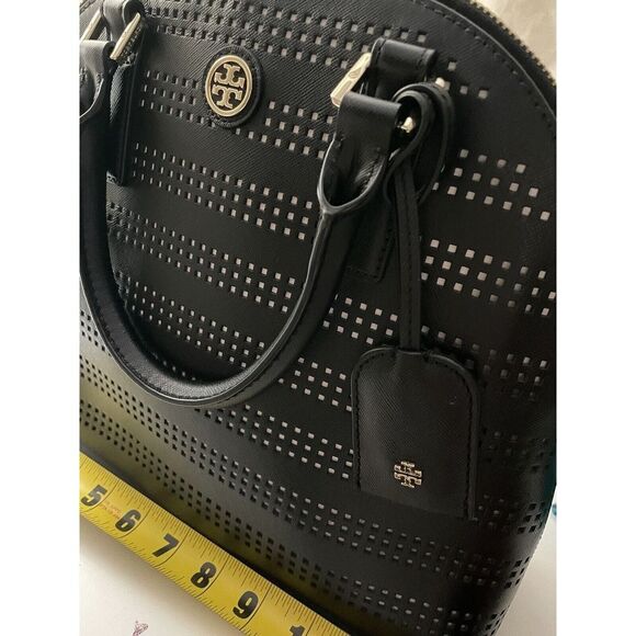 TORY BURCH Robinson Perforated Dome Satchel Black/Birch Handbag - Picture 5 of 6